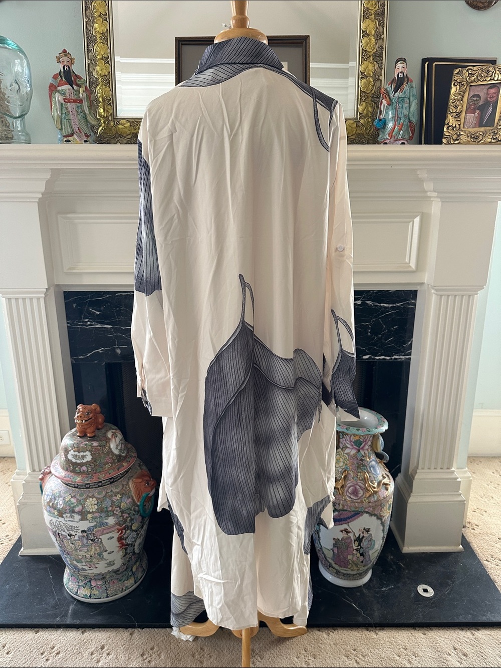 Cream and Gray Botanical-Print Long Coat Dress - Picture 4 of 4